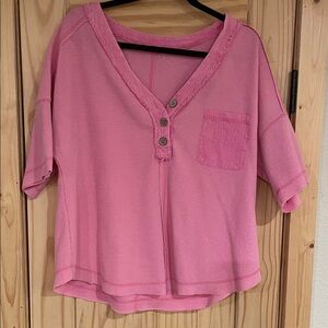 Casual Pink Button-Down V-Neck Women's Top